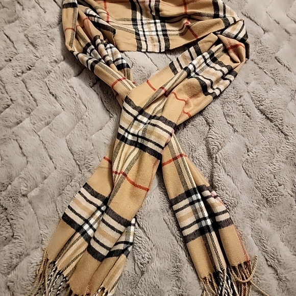 Womens Cashmere Feel Scarf with Fringe, Tan Multicolor - Picture 1 of 4